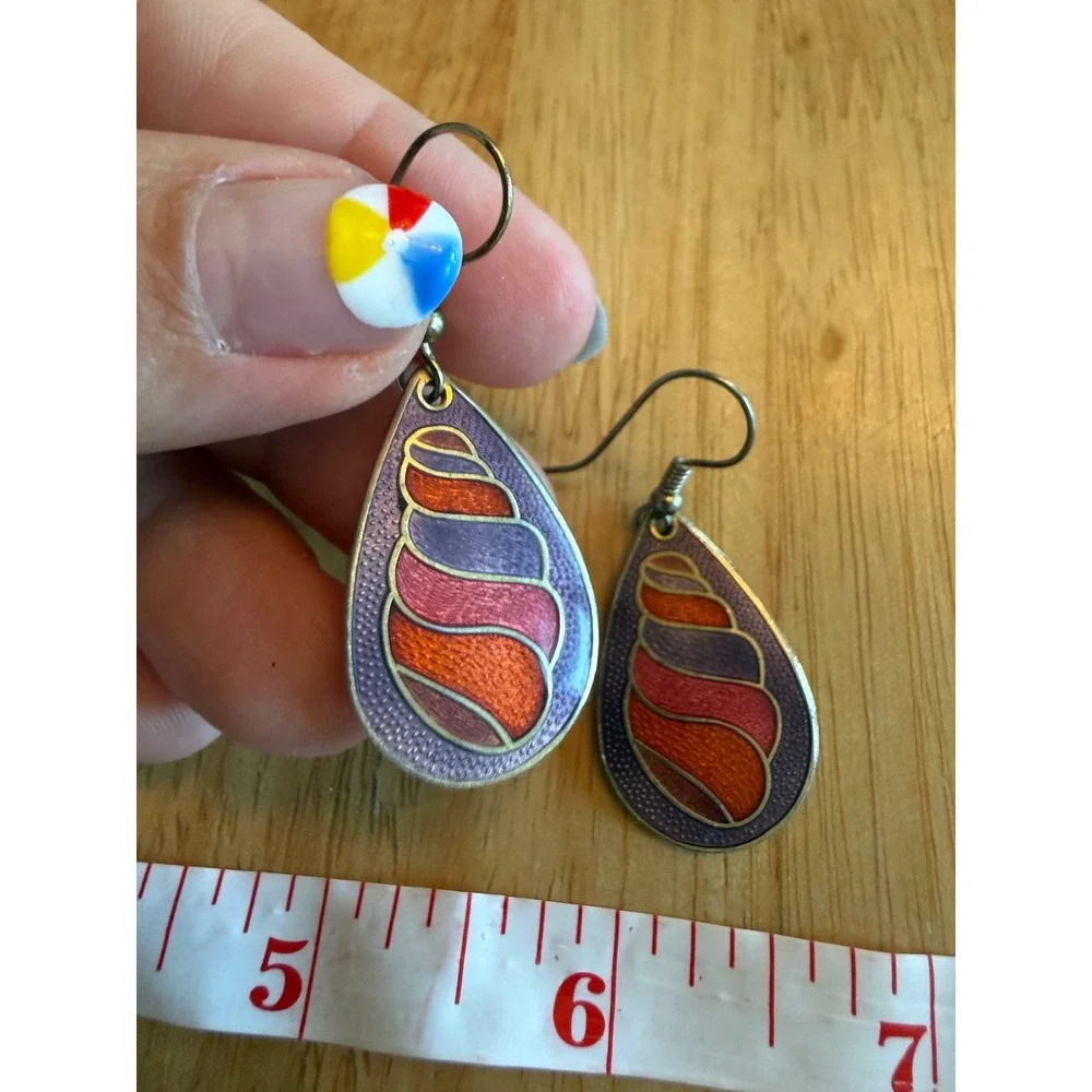 Cloisonne Enamel Seashell Teardrop Earrings Purple Orange Pink Coastal Dangle